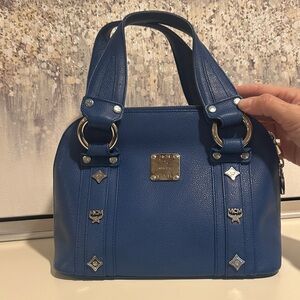 MCM Navy Blue Leather Satchel with Silver Hardware